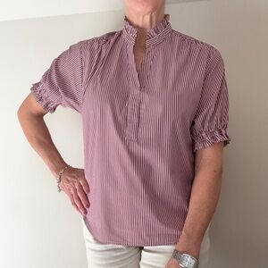 Gerard Darel Anya Striped Ruffled Blouse Size 1/M.  Burgundy/white.